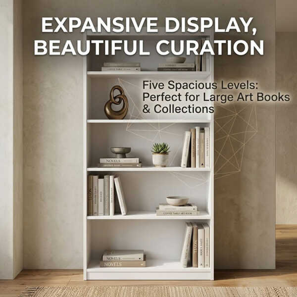 LIFESTYLE WOODEN BOOKCASE W/ 5 SHELVES W90XD30XH180 WHITE | LS-BOOK90X180 - Image 