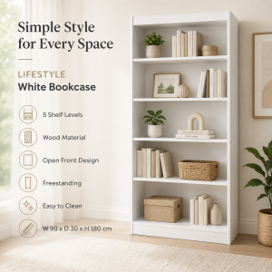 LIFESTYLE WOODEN BOOKCASE W/ 5 SHELVES W90XD30XH180 WHITE | LS-BOOK90X180 - Image 