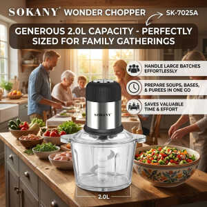 SOKANY 2L WONDER CHOPPER W/ GLASS BOWL + SS BLADES 110V-800W | SK-7025A - Image 