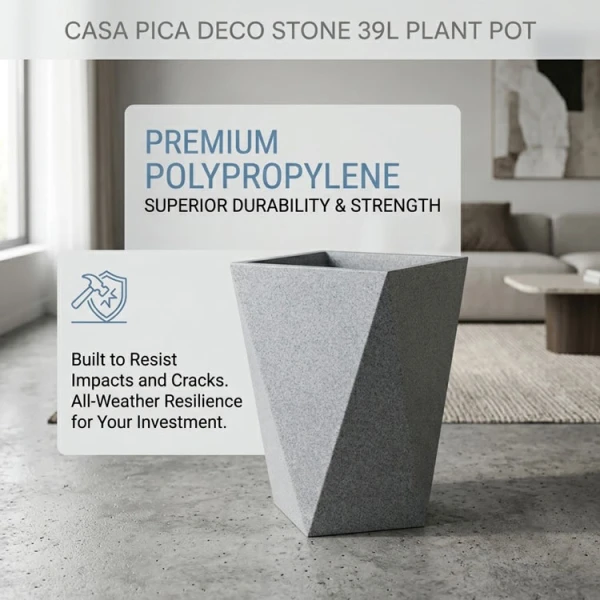 CASA PICA DECO STONE 39L PLASTIC PLANT POT GREY | 09534 - Image 