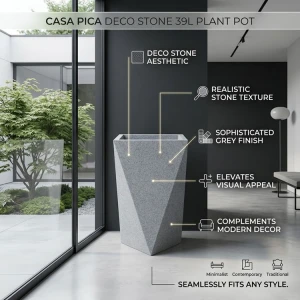 CASA PICA DECO STONE 39L PLASTIC PLANT POT GREY | 09534 - Image 