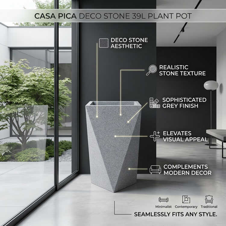 Grey realistic stone texture 39L large indoor outdoor planter.