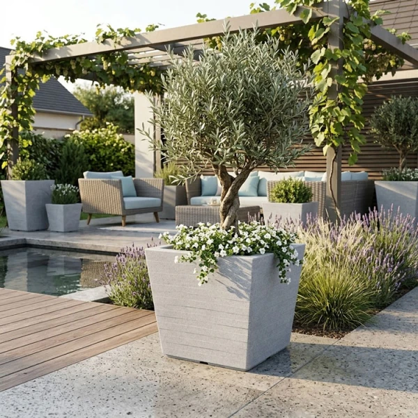 CASA PICA DECO STONE SQUARE 87L PLASTIC PLANT POT GREY | 09538 - Image 