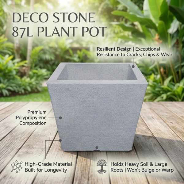 CASA PICA DECO STONE SQUARE 87L PLASTIC PLANT POT GREY | 09538 - Image 