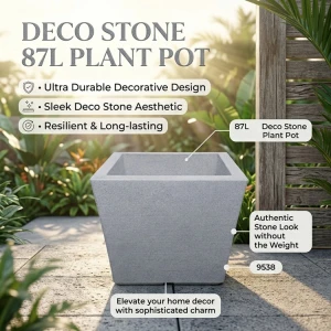 CASA PICA DECO STONE SQUARE 87L PLASTIC PLANT POT GREY | 09538 - Image 