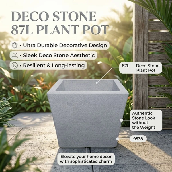 CASA PICA DECO STONE SQUARE 87L PLASTIC PLANT POT GREY | 09538 - Image 