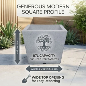 CASA PICA DECO STONE SQUARE 87L PLASTIC PLANT POT GREY | 09538 - Image 