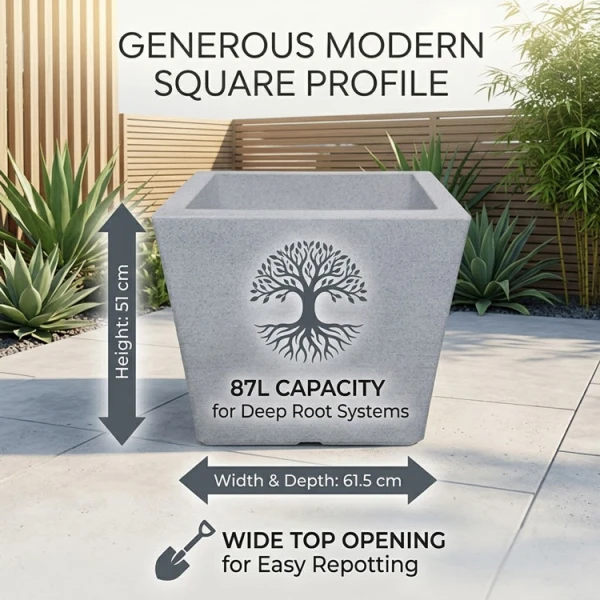 CASA PICA DECO STONE SQUARE 87L PLASTIC PLANT POT GREY | 09538 - Image 