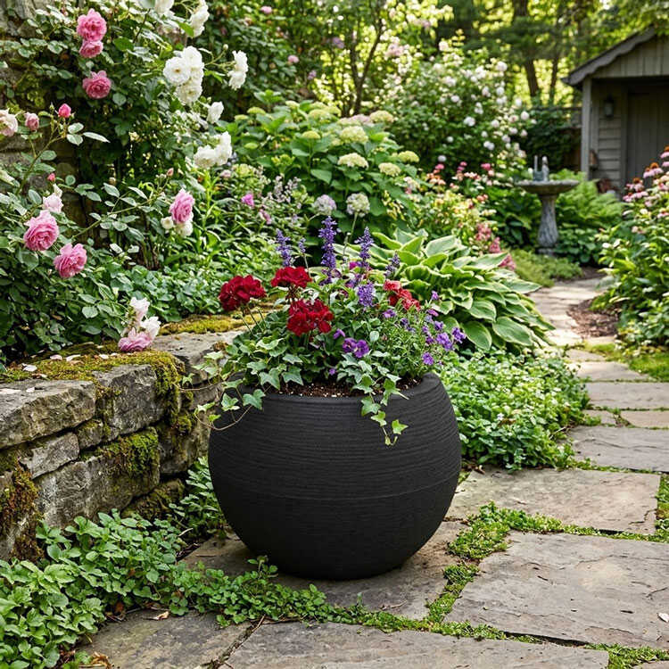 Black round planter with red flowers in garden.