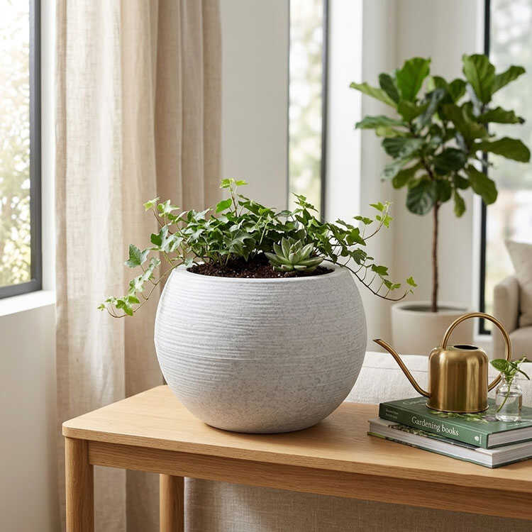 White round planter with ivy on wood table.