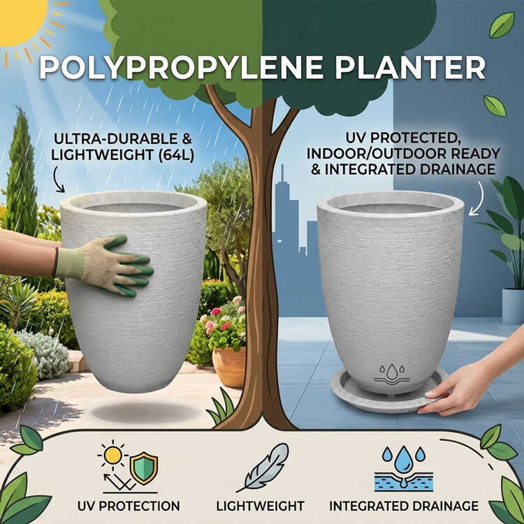 Grey 64L tall round plastic plant pot