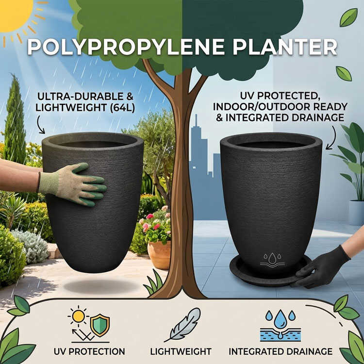 Black 64L outdoor polypropylene plastic plant pot