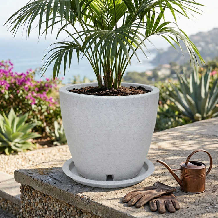 Grey 52L outdoor planter pot with tray