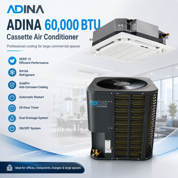 ADINA 60000BTU NON INVERTER CASSETTE AIR CONDITIONER GOLD SERIES 13 SEER 220V | AGO-T-CON6013/CSC6013 - Image 