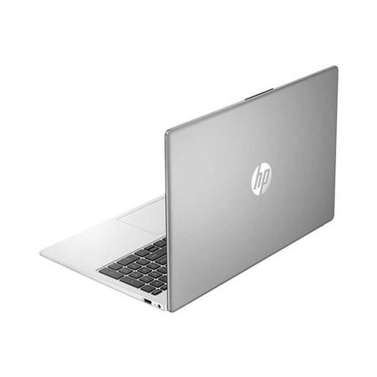 Silver HP laptop angled rear view showing logo.