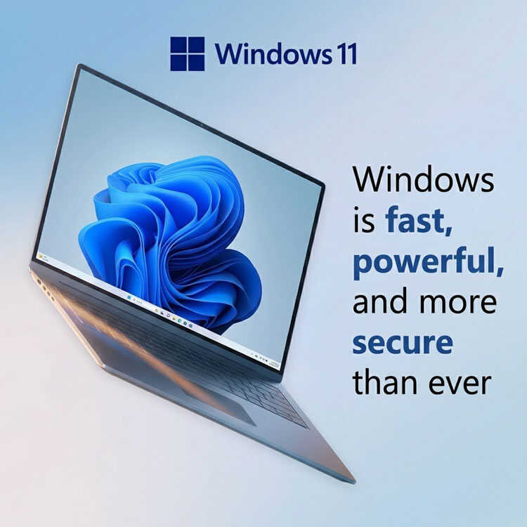 Windows 11 laptop showing performance and security benefits.
