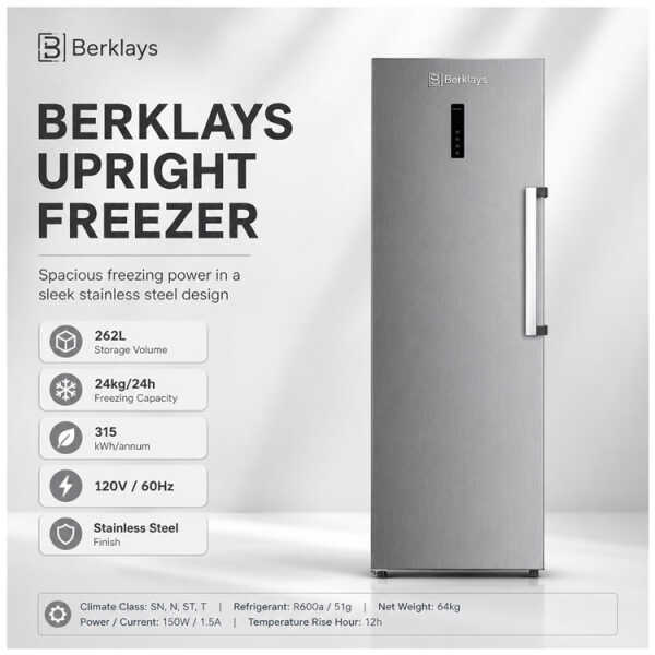 BERKLAYS 262L NO FROST UPRIGHT FREEZER STAINLESS STEEL | BNFVF276X.16 - Image 