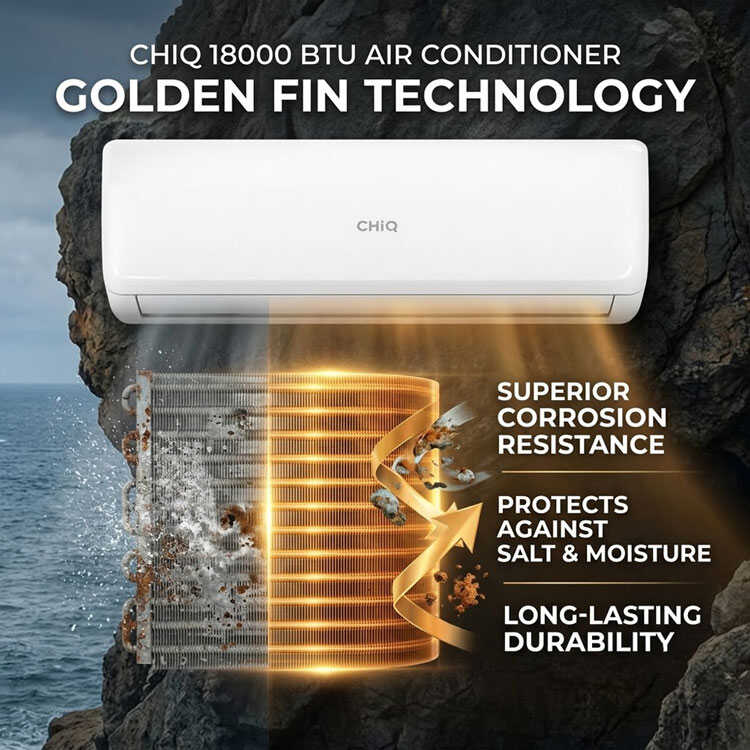 Golden Fin anti-corrosion technology cutaway on air conditioner condenser.