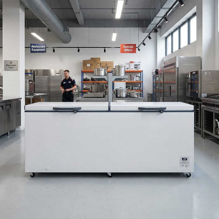 Large white double door chest freezer in a showroom.