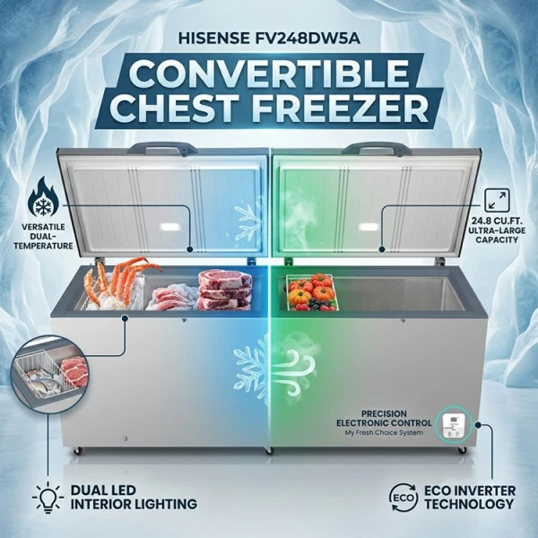 HISENSE 24.8CFT/702L HORIZONTAL CONVERTIBLE CHEST FREEZER WHITE 115V | FV248DW5A - Image 