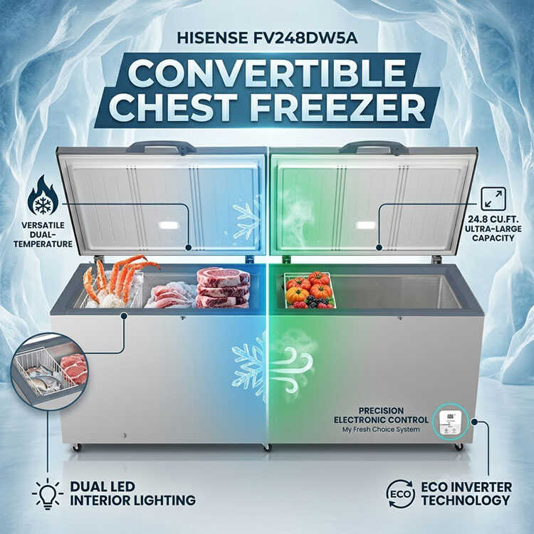 Hisense Convertible Chest Freezer features graphic infographic.
