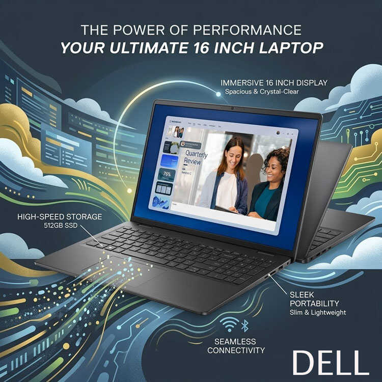 Infographic highlighting features of Dell 16 inch laptop