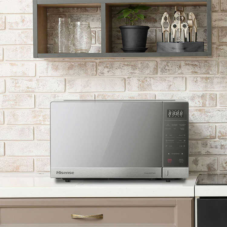 Silver Hisense countertop microwave with mirror finish