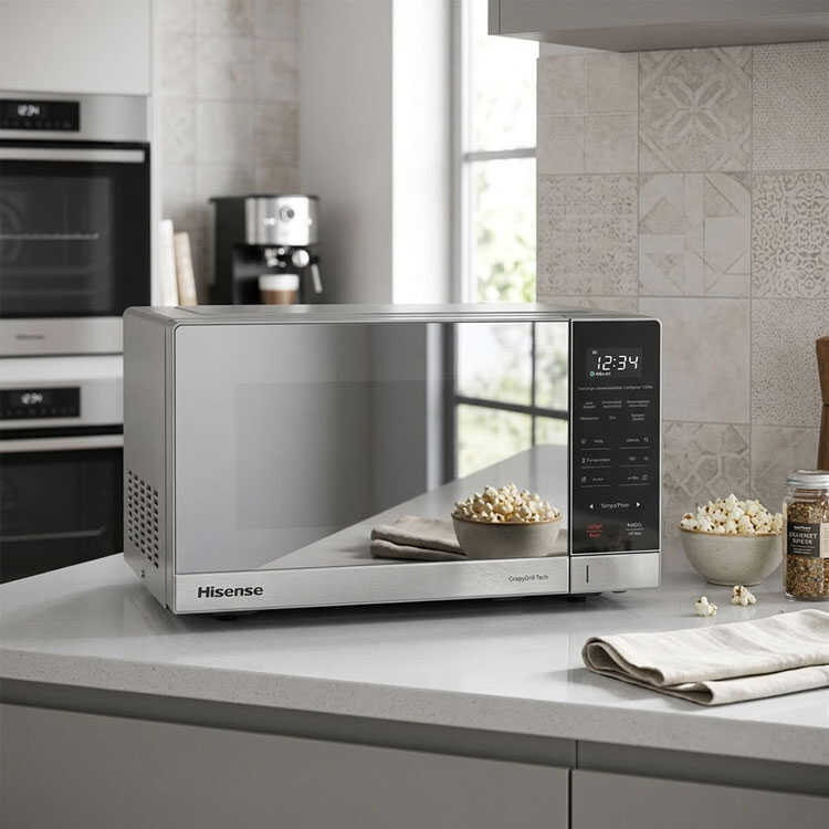 Hisense silver countertop microwave on kitchen counter