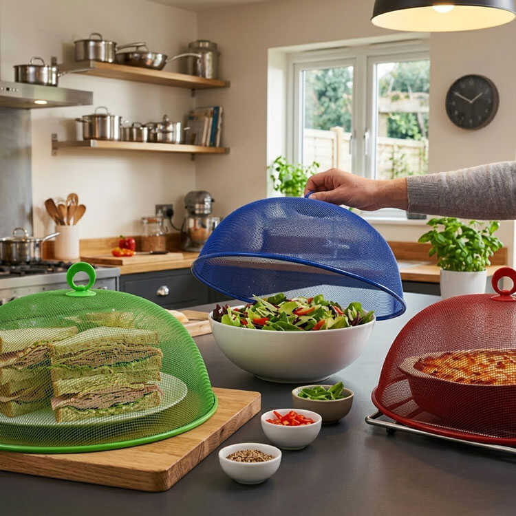 Blue green and red mesh food covers in kitchen
