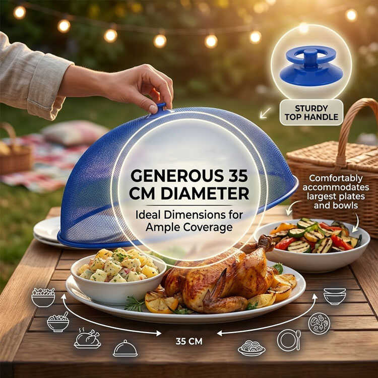 35cm blue meal cover over roasted chicken platter