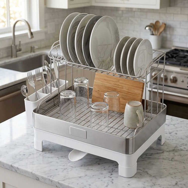 White two tier dish drainer on marble countertop