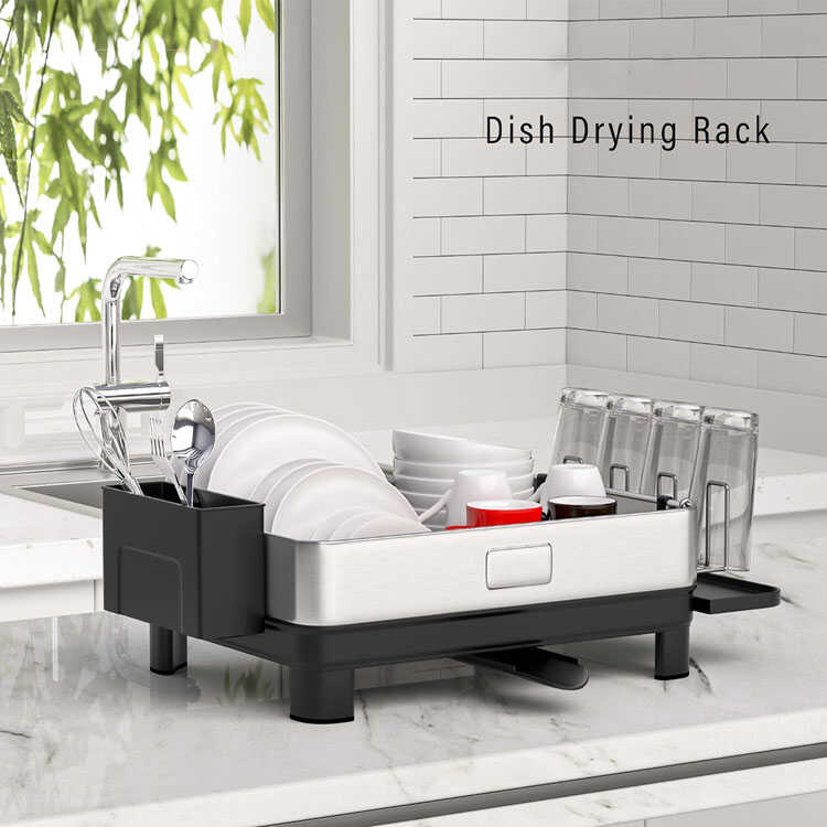 Dish rack with utensil and cup holder over sink