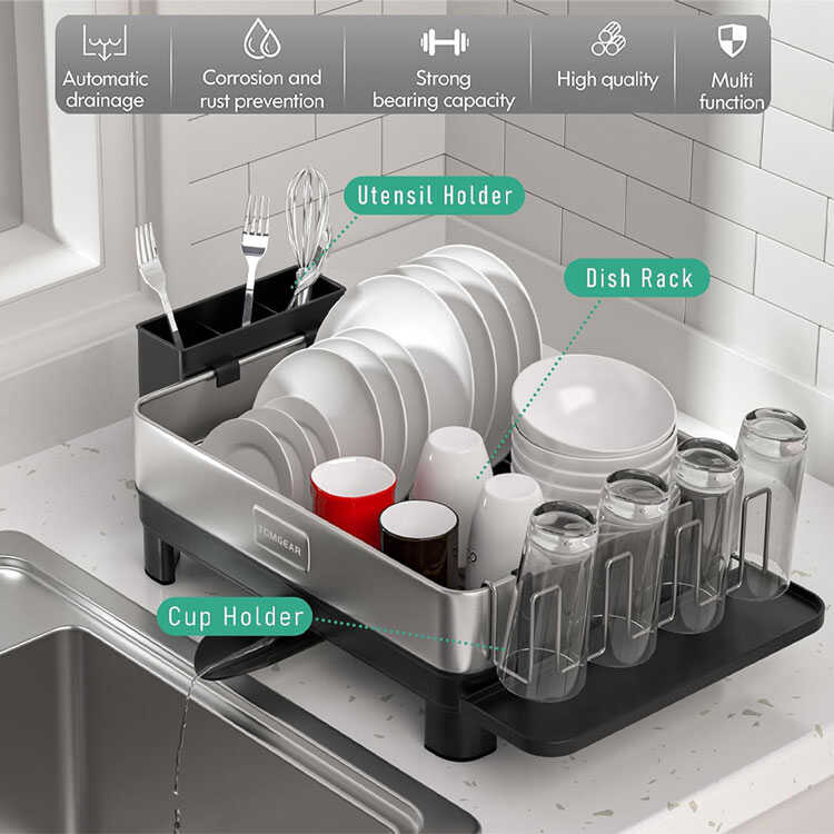 Compact dish drying rack on marble countertop near sink