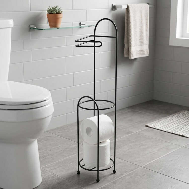 Freestanding black metal toilet paper holder in bathroom.