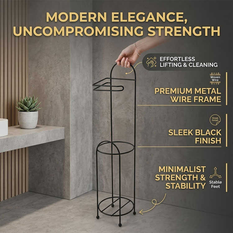 Black metal toilet paper stand on concrete floor.