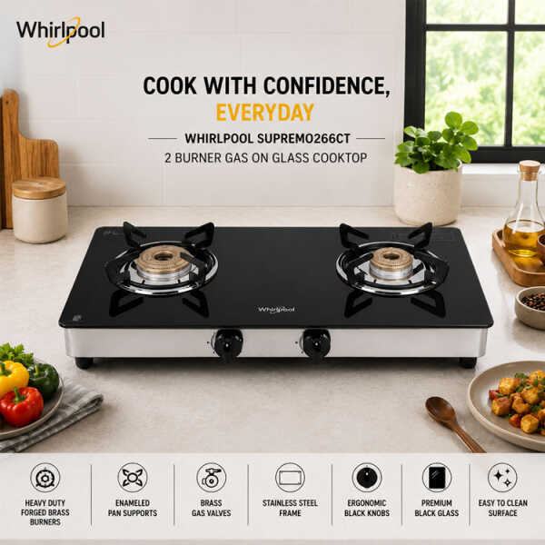 WHIRLPOOL 2 BURNER COOKTOP GAS ON GLASS | SUPREMO266CT - Image 