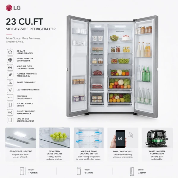LG 23 CU.FT SBS W/ SMART INVERTER SS REFRIGERATOR | VS25BJNK - Image 